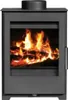 A front view of a black wood-burning stove with a glass door showing a fire burning inside. Produktbild-Vorschau