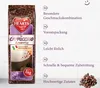 A bag of HEARTS Cappuccino Amaretto coffee beans with descriptive text and icons. Produktbild-Vorschau