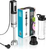 A product shot of an immersion blender set, including the blender, its packaging, and a blending cup. Produktbild-Vorschau