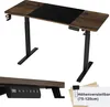 A collage showing an adjustable height desk from different angles, including a close-up of the control panel and a graphic indicating its height adjustability. Voir les images du produit