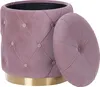 A tufted pink velvet storage ottoman with a gold metal base and its lid slightly ajar. Náhled obrázku produktu