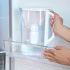 A person is placing a water filter pitcher into a refrigerator shelf. Podgląd zdjęcia produktu