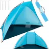A collage of images showing a blue beach tent from different angles, along with its accessories. Náhled obrázku produktu