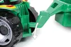 Close-up of the rear hitch mechanism of a green toy tractor, showing how a trailer attaches. Podgląd zdjęcia produktu