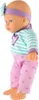 A side view of a baby doll wearing a striped shirt and heart-patterned pants, with a purple headband and a blue bow. Podgląd zdjęcia produktu