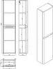 Technical drawings and a 3D rendering of a tall, narrow cabinet with shelves and a drawer. Anteprima dell’immagine prodotto