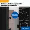Close-up view of the control panel of a black microwave oven, with text overlays highlighting features. Produktbild-Vorschau