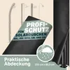 A black protective cover for a solar shower is shown, with faded images of solar showers in the background and text overlays describing its features and compatibility. Produktbild-Vorschau
