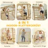 A collage of six images showing different features of a wooden indoor climbing frame for children, with children interacting with each part. Podgląd zdjęcia produktu