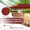 A red patio umbrella is shown in a garden setting with stairs and outdoor furniture. Text overlays highlight product features. Anteprima dell’immagine prodotto