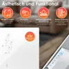 Marketing image showing features of an infrared heater with icons and text descriptions. Produktbild-Vorschau