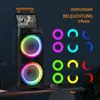 A party speaker with colorful lighting effects displayed on a dark background, with examples of different lighting effects shown to the right. Produktbild-Vorschau