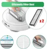 A collage of images showing a robot vacuum cleaner and its filters, with text highlighting its dust filtering capabilities. Voir les images du produit