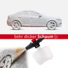 A car covered in thick foam, with a foam cannon and a close-up of foam being sprayed onto a car wheel. Náhled obrázku produktu