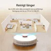 A robot vacuum cleaner in a stylized representation of a house interior, showing its cleaning path. Voir les images du produit