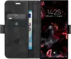 A black flip case for a smartphone, open to reveal card slots and a banknote, with the phone screen displaying the time and date. Produktbild-Vorschau
