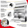 A detailed diagram of a stainless steel mailbox with various features highlighted by text labels and close-up insets. Produktbild-Vorschau