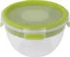 A clear, well-lit studio shot of a round food storage container with a green lid and transparent base. Produktbild-Vorschau