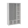 A white wardrobe with a light gray curtain and multiple shelves. Produktbild-Vorschau