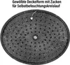 The underside of a black pot lid with a speckled pattern and numerous small holes, with text and an arrow pointing to the holes. Produktbild-Vorschau