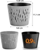 A collage of three images showing different views and dimensions of two plant pots, one gray and one black. Voir les images du produit