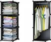 A collage showing two modular storage units. One unit is filled with folded clothes, and the other is set up as a small closet with clothes hanging on hangers. Podgląd zdjęcia produktu
