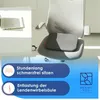 A gray lumbar support cushion is placed on a white office chair, with a laptop on a white desk in the background. Blue overlays with text and icons are present at the bottom of the image. Produktbild-Vorschau