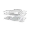 A set of clear plastic food storage containers with white lids, arranged on a white background. Produktbild-Vorschau