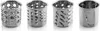Four different metal attachments for a meat grinder, each with a unique pattern of holes and blades. Produktbild-Vorschau