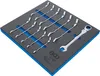 A set of ratcheting combination wrenches is neatly arranged in a foam insert within a tool drawer or case. Náhled obrázku produktu