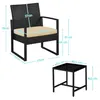 A black rattan chair and a black side table with dimensions indicated by measurement lines and text. Podgląd zdjęcia produktu