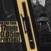 A marketing image for a thin walkie-talkie, showing the product and a person with a backpack. Produktbild-Vorschau