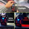 A collage of images showing a portable radio with different light functions: flashlight, white lantern, and red lantern. A hand is shown operating the flashlight. Produktbild-Vorschau