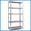 A silver metal shelving unit with five shelves, each with a brown wooden board. Podgląd zdjęcia produktu