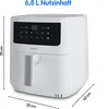 A white air fryer is shown from a three-quarter angle with dimensions indicated. Produktbild-Vorschau