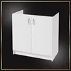 A white cabinet with two doors and silver handles is displayed against a black background with a gold border. Voir les images du produit