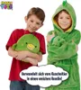Zwei Jungen, einer hält ein grünes Dinosaurier-Plüschtier, der andere trägt einen passenden grünen Dinosaurier-Hoodie Podgląd zdjęcia produktu