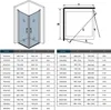 Diagrams and tables showing dimensions and specifications for shower enclosures. Produktbild-Vorschau