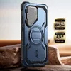 A rugged blue phone case with certifications displayed, set against a rocky, desert-like background. Produktbild-Vorschau