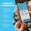 A person's hands hold a smartphone displaying an app interface with educational content for children. The background is a blurred floral pattern. Produktbild-Vorschau