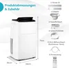 A collage showing a portable air conditioner and its accessories with dimensions. Produktbild-Vorschau