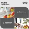 A collage of images showing a kitchen faucet with different spray modes, demonstrating washing fruits and filling a glass. Produktbild-Vorschau