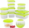 A collection of clear plastic food storage containers with bright green lids, arranged in a visually appealing display against a white background. Some containers are stacked, while others are shown individually. One container in the foreground contains ce Anteprima dell’immagine prodotto