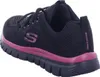 A side view of a black Skechers sneaker with pink accents. Voir les images du produit