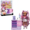 A doll and its playset are displayed, with the packaging shown on the left and the doll and playset assembled on the right. Podgląd zdjęcia produktu