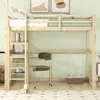 A loft bed with a desk and shelves underneath, set in a room with light green walls and a checkered floor. Produktbild-Vorschau