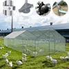 A large chicken coop with chickens in a grassy outdoor area, with buildings in the background. Insets show close-ups of the coop's construction details. Produktbild-Vorschau