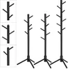 Three black coat racks of varying heights are displayed against a white background. The racks have a tree-like design with multiple branches for hanging items. Smaller inset images on the left show close-ups of the top and middle sections of one of the coa Podgląd zdjęcia produktu
