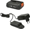 A black battery and charger set for a power tool, shown against a white background. Podgląd zdjęcia produktu