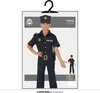 A child wearing a police costume is displayed on a product package, with a smaller image of the costume on the right side. Produktbild-Vorschau